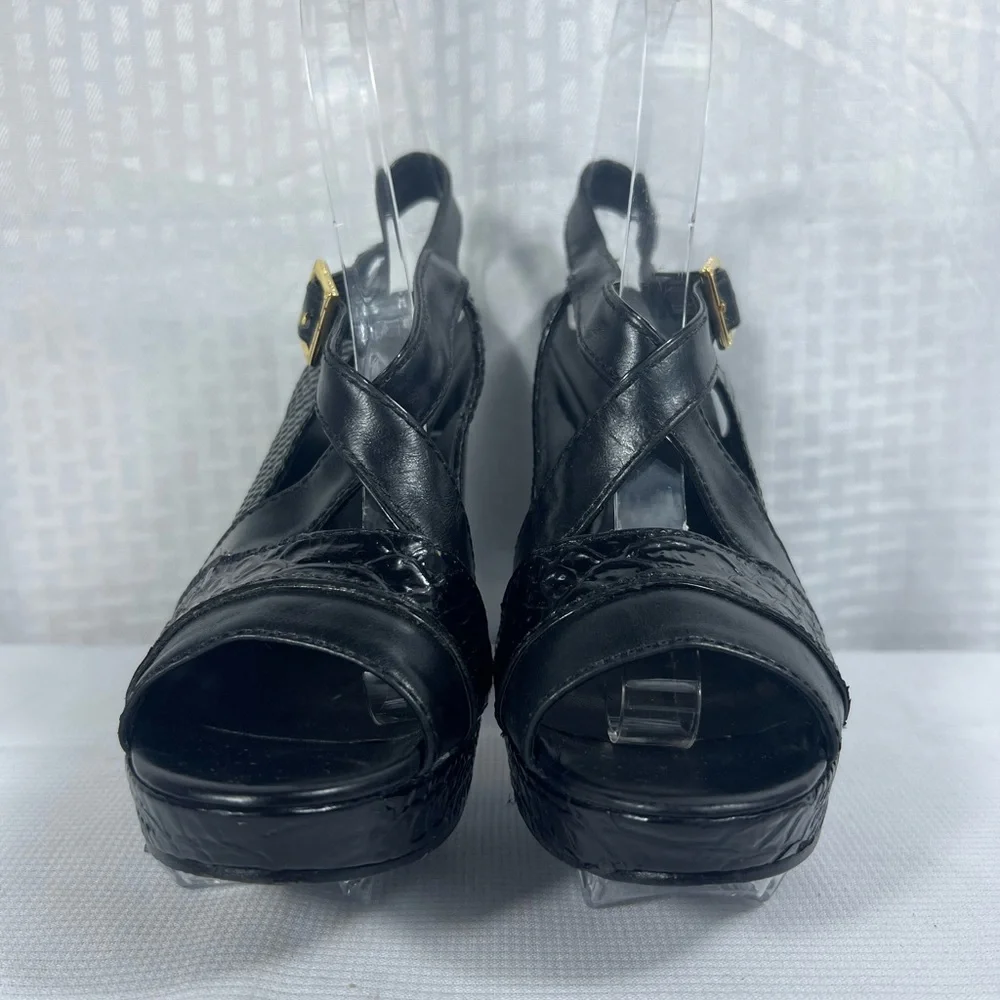 7224: Tory Burch Black Embossed Leather Slingback Platform Sandals Size 9M